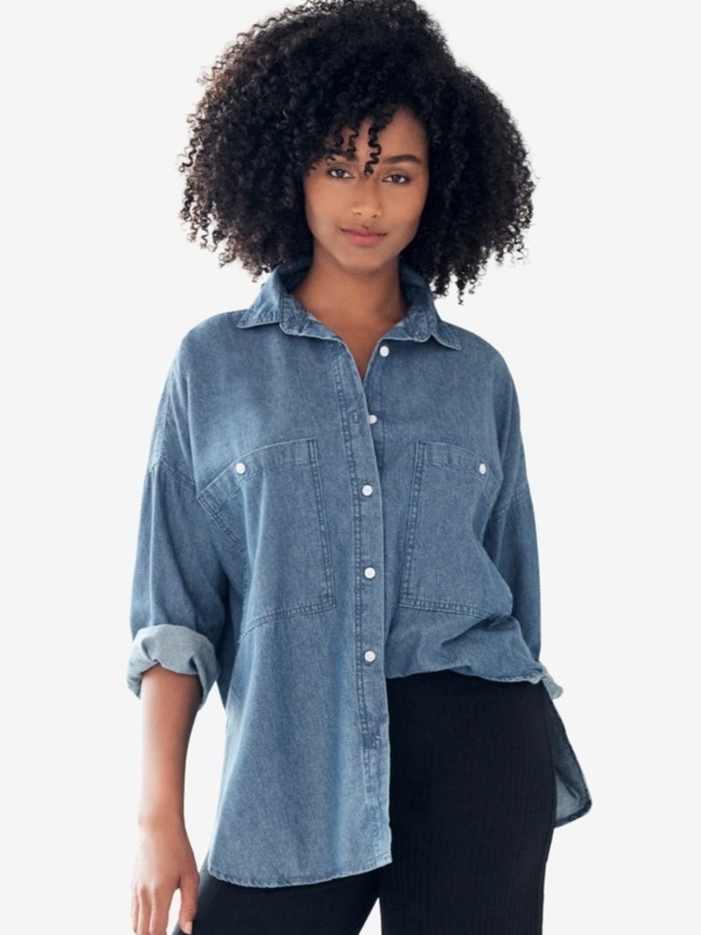 ellos Women's Plus Size 1X Blue Denim Oversized Button-Up Shirt